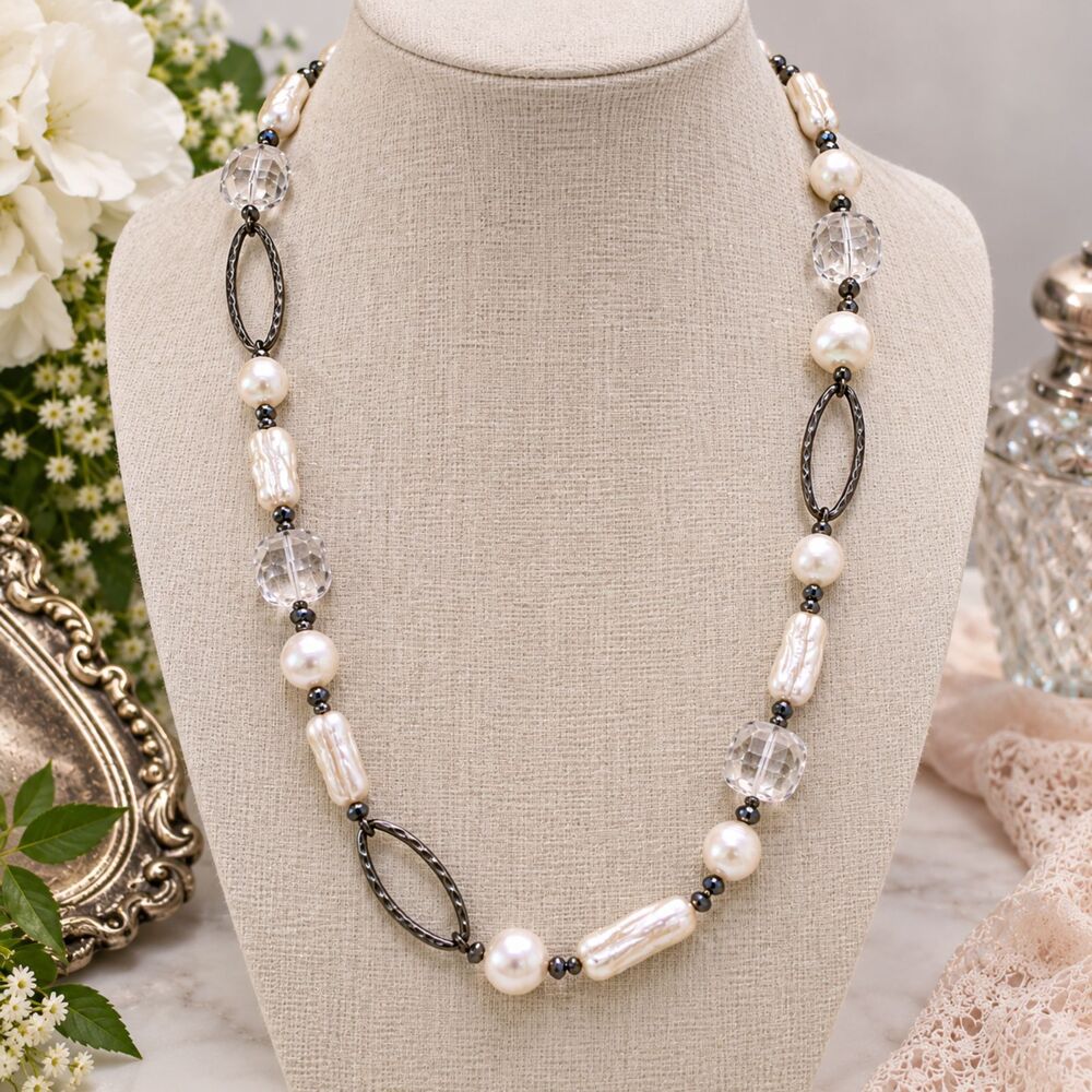 Chunky Freshwater Biwa Pearl and Glass Bead Necklace